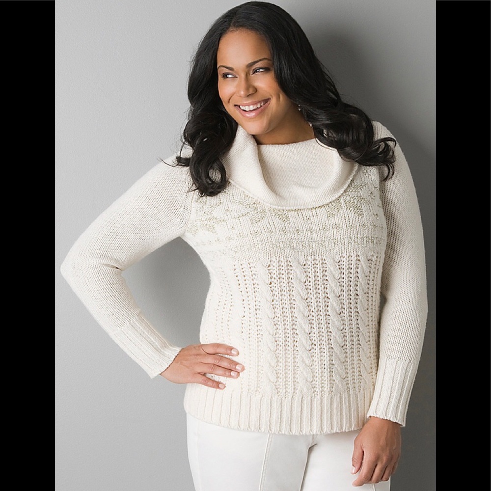 🆕NEW! Fair Isle Metallic Snowflake Cowl Neck Chunky Knit Cable Sweater